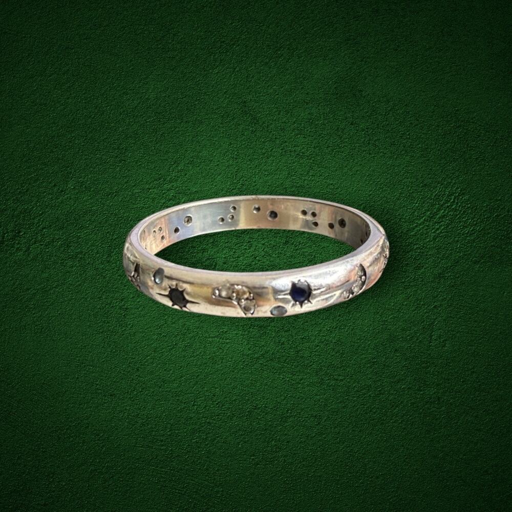 Sterling Silver 925 Celestial Sun Moon Blue Stone Band Ring Size 8.5